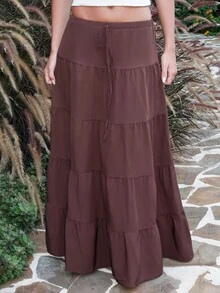 Summer Sherwood Minimalist Elastic Waist Loose Cake Skirt - Coffee Brown - View 3