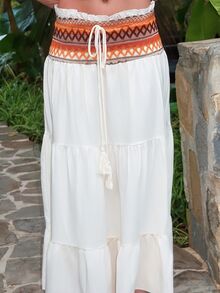 Summer Sherwood Women's Summer Spring Beach Holiday Bohemian Beige Patchwork Heterogeneous Frill Waist Drawstring Fringe Trim Long Skirt - Multicolor - View 3
