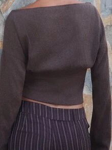 Summer Sherwood 女士纯色羊绒保暖不对称领口褶裥休闲长袖T恤，适合音乐节、街头风、休闲外出穿着，棕色羊绒上衣，秋冬保暖上衣，可作为外套叠穿，深棕色上衣 - 咖啡棕 - 查看 2
