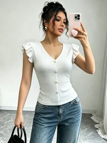 Elenzga Women's Solid Color V-Neck Faux Pearl Button Design Flutter Sleeve T-Shirt - White - View 4