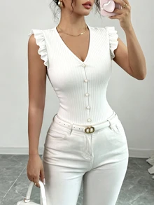 Elenzga Women's Solid Color V-Neck Faux Pearl Button Design Flutter Sleeve T-Shirt - White - View 1
