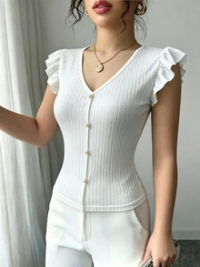 Elenzga Women's Solid Color V-Neck Faux Pearl Button Design Flutter Sleeve T-Shirt - White - View 5