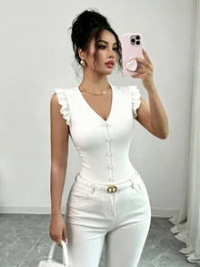 Elenzga Women's Solid Color V-Neck Faux Pearl Button Design Flutter Sleeve T-Shirt - White - View 3