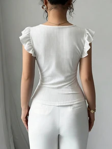 Elenzga Women's Solid Color V-Neck Faux Pearl Button Design Flutter Sleeve T-Shirt - White - View 2