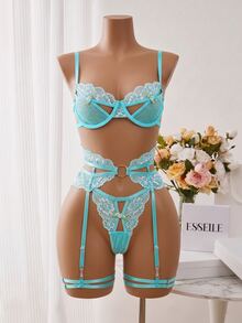 Seduluxe 4pcs Women's Sexy Lace Patchwork Lingerie Set - Baby Blue - View 1