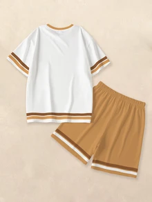 SpongeBob SquarePants | SHEIN Young Boys Minimalist Print Round Neck Short Sleeve T-Shirt And Shorts Set - White - View 2