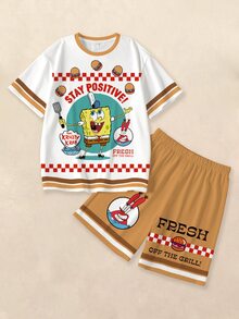 SpongeBob SquarePants | SHEIN Young Boys Minimalist Print Round Neck Short Sleeve T-Shirt And Shorts Set - White - View 1