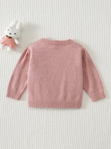 Cozy Pixies 女嬰卡通兔子圖案紅色3D蝴蝶結圓領長袖落肩套頭毛衣，秋冬穿著，百搭舒適 - 粉色 - 查看 2