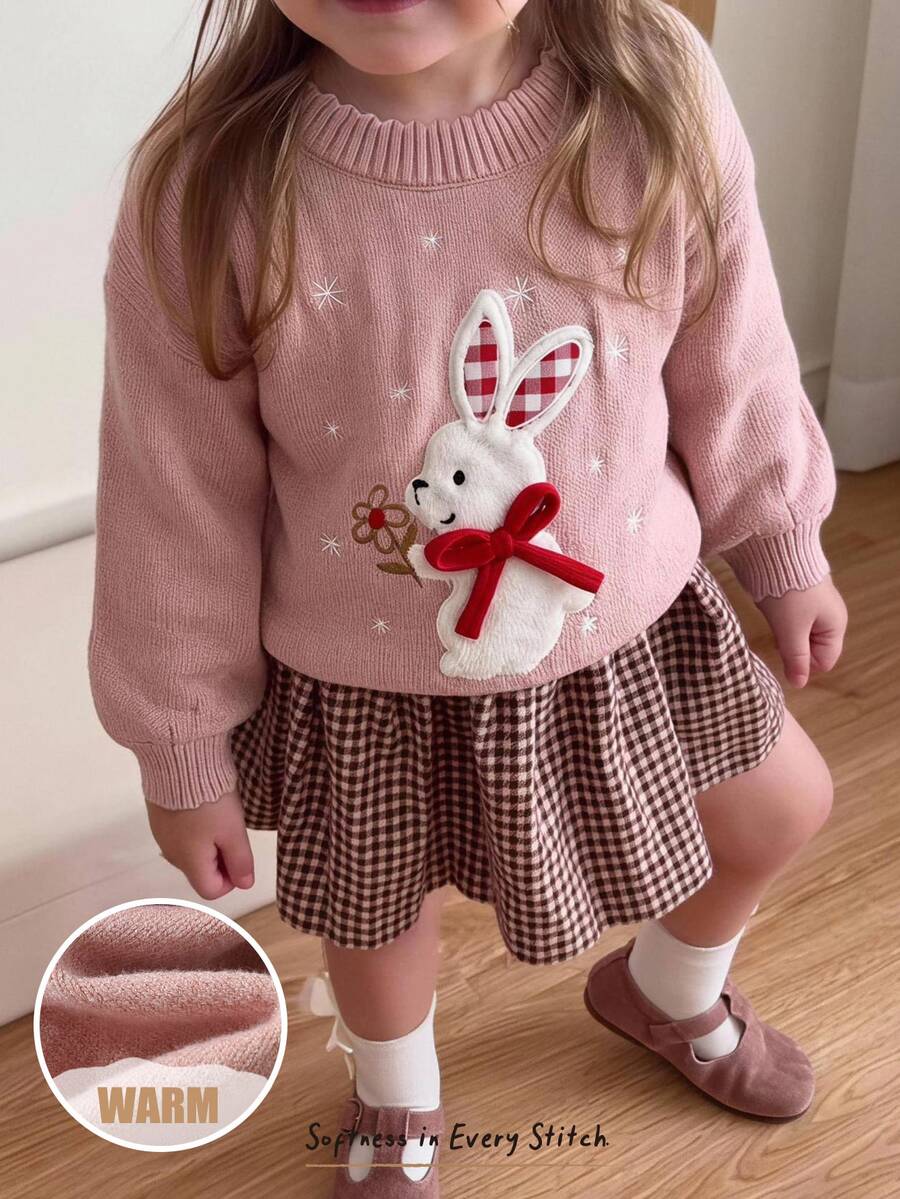 Cozy Pixies 女嬰卡通兔子圖案紅色3D蝴蝶結圓領長袖落肩套頭毛衣,秋冬穿著,百搭舒適 - 粉色 - 查看 1