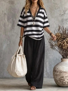 SHEIN Holidaya Regular Women's 2 Pieces Set, V-Neckline,Striped Half Sleeve Shirt Top,Loose Fit Wide Leg Pants,Side Pockets,Casual Summer Autumn Outfits - Multicolor - View 7