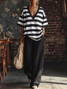 SHEIN Holidaya Regular Women's 2 Pieces Set, V-Neckline,Striped Half Sleeve Shirt Top,Loose Fit Wide Leg Pants,Side Pockets,Casual Summer Autumn Outfits - Multicolor - View 4