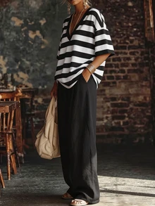 SHEIN Holidaya Regular Women's 2 Pieces Set, V-Neckline,Striped Half Sleeve Shirt Top,Loose Fit Wide Leg Pants,Side Pockets,Casual Summer Autumn Outfits - Multicolor - View 6