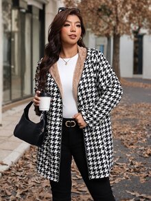 SHEIN Clasi 大尺碼女款千鳥格前拉鍊休閒保暖內裡長版連帽外套 - 黑與白 - 查看 3