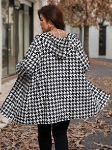 SHEIN Clasi 大尺碼女款千鳥格前拉鍊休閒保暖內裡長版連帽外套 - 黑與白 - 查看 2