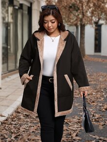 SHEIN Clasi Plus Size Long Thermal Lined Hooded Jacket - Black - View 3