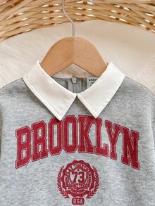 SHEIN Baby Girl Autumn/Winter Cute Versatile Letter Print Collared Sweatshirt & Skirt Set - Light Grey - View 6