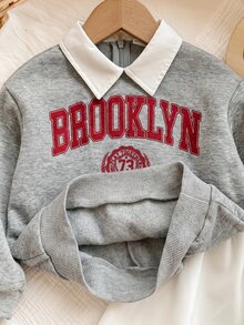 SHEIN Baby Girl Autumn/Winter Cute Versatile Letter Print Collared Sweatshirt & Skirt Set - Light Grey - View 4