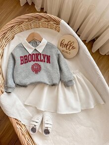 SHEIN Baby Girl Autumn/Winter Cute Versatile Letter Print Collared Sweatshirt & Skirt Set - Light Grey - View 5