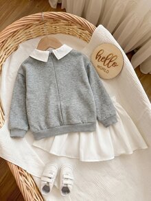 SHEIN Baby Girl Autumn/Winter Cute Versatile Letter Print Collared Sweatshirt & Skirt Set - Light Grey - View 2