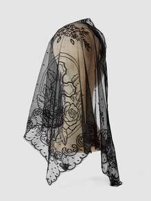 MortiRose 1pc Lace Floral Trim Wedding Veil Scarf Triangular Scarf, Fashionable Lace Trim Breathable Church Headscarf - Cross - View 2