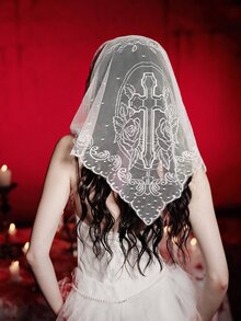 MortiRose 1pc Lace Floral Trim Wedding Veil Scarf Triangular Scarf, Fashionable Lace Trim Breathable Church Headscarf - Cross - View 3