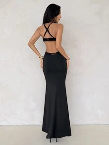 Aloruh Black Floral Lace Patchwork Extra Long Dress Deep V-Neck Backless Elegant Sexy Rave Wedding Graduation College Dinner Party Date Night Out Summer - Black - View 2