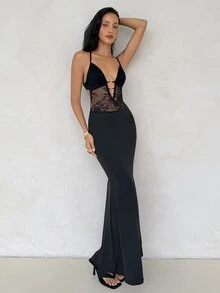 Aloruh Black Floral Lace Patchwork Extra Long Dress Deep V-Neck Backless Elegant Sexy Rave Wedding Graduation College Dinner Party Date Night Out Summer - Black - View 4