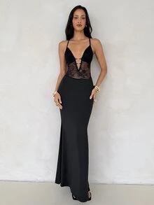 Aloruh Black Floral Lace Patchwork Extra Long Dress Deep V-Neck Backless Elegant Sexy Rave Wedding Graduation College Dinner Party Date Night Out Summer - Black - View 3