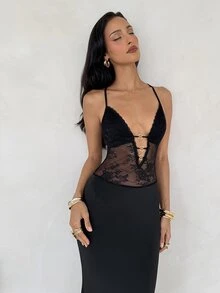 Aloruh Black Floral Lace Patchwork Extra Long Dress Deep V-Neck Backless Elegant Sexy Rave Wedding Graduation College Dinner Party Date Night Out Summer - Black - View 6