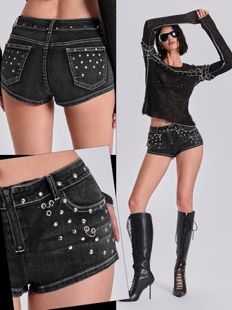 Shorts vaqueros ajustados de cintura ultra baja con decoración degradada, ojales y tachuelas de estilo rock metal Y2K Millennium para verano/primavera