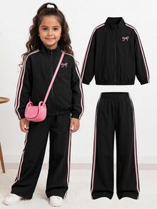 SHEIN 女童小女孩拼色條紋拉鍊外套配蝴蝶結、鬆緊腰長褲，復古套裝，日常穿著校園返校裝 - 黑色 - 查看 1