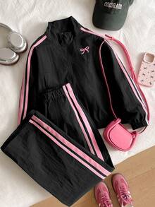 SHEIN 女童小女孩拼色條紋拉鍊外套配蝴蝶結、鬆緊腰長褲，復古套裝，日常穿著校園返校裝 - 黑色 - 查看 6