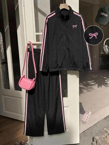 SHEIN 女童小女孩拼色條紋拉鍊外套配蝴蝶結、鬆緊腰長褲，復古套裝，日常穿著校園返校裝 - 黑色 - 查看 5