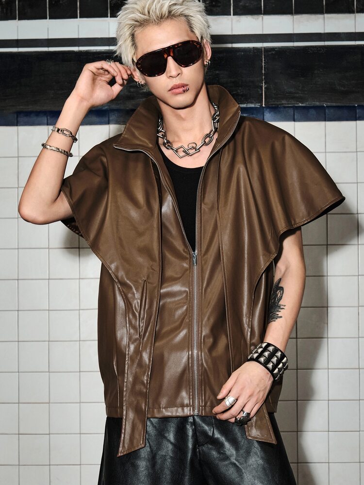 ROMWE MEN Grunge Punk Men's Fashion Asymmetric Zipper Vest - Brown - View 10