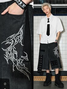 ROMWE MEN Street Life 男士深色哥德風玉米圖案休閒牛仔短褲 - 彩色 - 查看 1