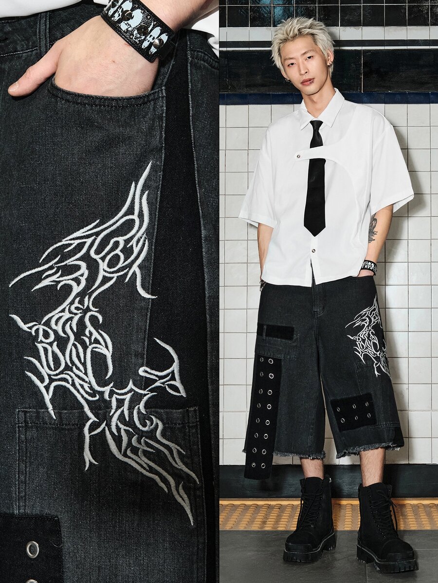 ROMWE MEN Street Life 男士深色哥德風玉米圖案休閒牛仔短褲 - 彩色 - 查看 1