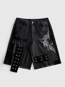 ROMWE MEN Street Life 男士深色哥德風玉米圖案休閒牛仔短褲 - 彩色 - 查看 11