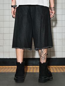 ROMWE MEN Street Life 男士深色哥德風玉米圖案休閒牛仔短褲 - 彩色 - 查看 4