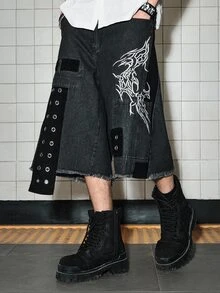 ROMWE MEN Street Life 男士深色哥德風玉米圖案休閒牛仔短褲 - 彩色 - 查看 5