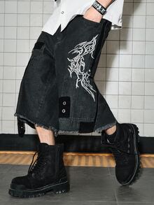 ROMWE MEN Street Life 男士深色哥德風玉米圖案休閒牛仔短褲 - 彩色 - 查看 7