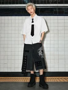 ROMWE MEN Street Life 男士深色哥德風玉米圖案休閒牛仔短褲 - 彩色 - 查看 8
