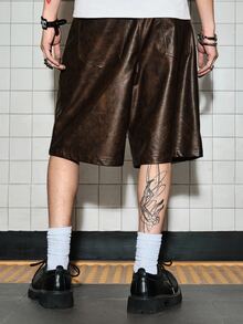 ROMWE MEN Casual 男士 PU 時尚百搭日常休閒短褲 - 棕色 - 查看 3