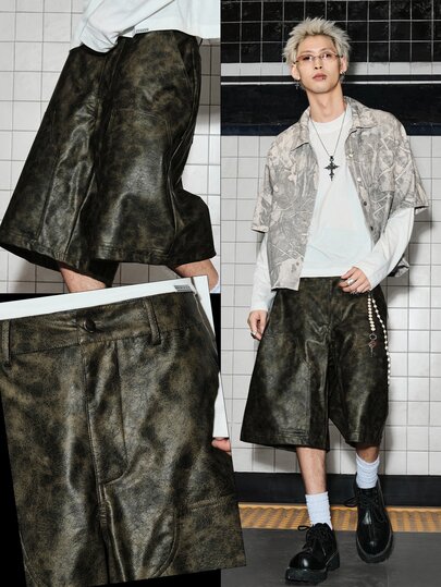 Casual Pantalones cortos de pierna ancha con bolsillos de PU desgastado para hombre
