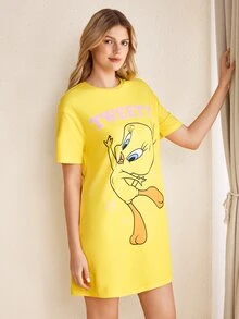 LOONEY TUNES X SHEIN Women's Round Neck Short Sleeve Casual Nightgown - Yellow - View 4