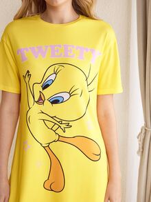 LOONEY TUNES X SHEIN Women's Round Neck Short Sleeve Casual Nightgown - Yellow - View 5
