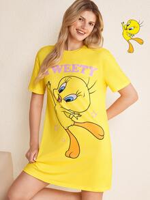 LOONEY TUNES X SHEIN Women's Round Neck Short Sleeve Casual Nightgown - Yellow - View 1