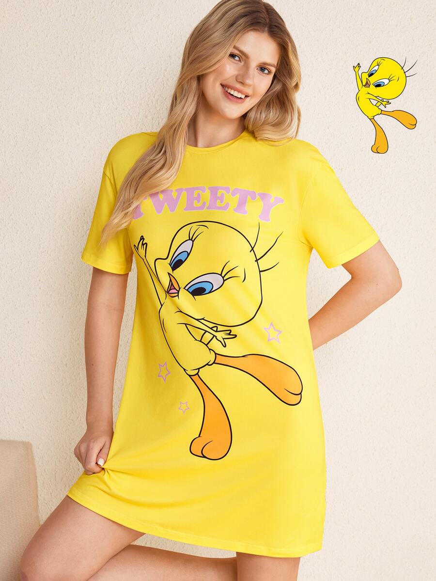 LOONEY TUNES X SHEIN Women's Round Neck Short Sleeve Casual Nightgown - Yellow - View 1