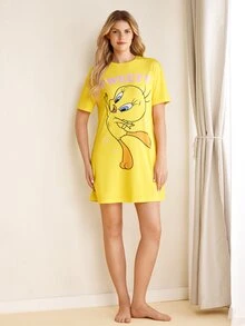 LOONEY TUNES X SHEIN Women's Round Neck Short Sleeve Casual Nightgown - Yellow - View 6