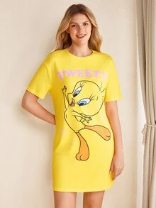 LOONEY TUNES X SHEIN Women's Round Neck Short Sleeve Casual Nightgown - Yellow - View 3