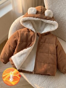 SHEIN Vintaside Kids 1件男嬰冬季咖啡色可愛俏皮風純色3D熊耳連帽長袖拉鍊燈芯絨外套，寬鬆直筒版型，適合日常外出、戶外散步、節日聚會、1歲生日拍照、休閒旅行 - 咖啡棕 - 查看 8